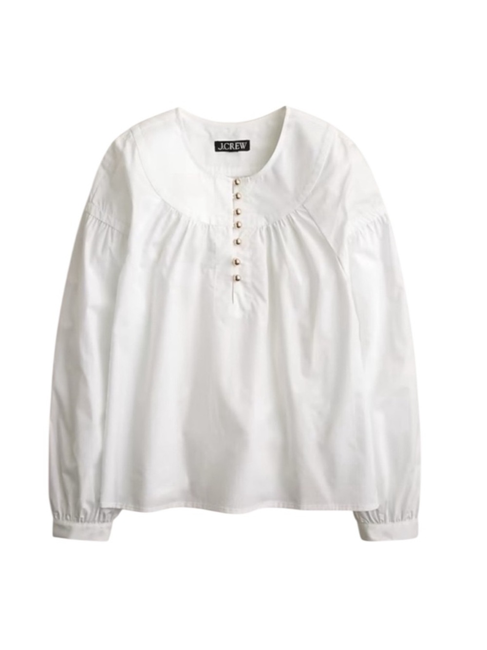 J. Crew Shirred Popover Top In Cotton Poplin Size XS White Gold Buttons Office